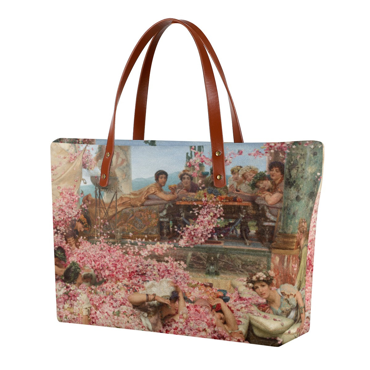 The Roses of Heliogabalus waterproof tote bag with double-sided art print, black zipper, and brown strap