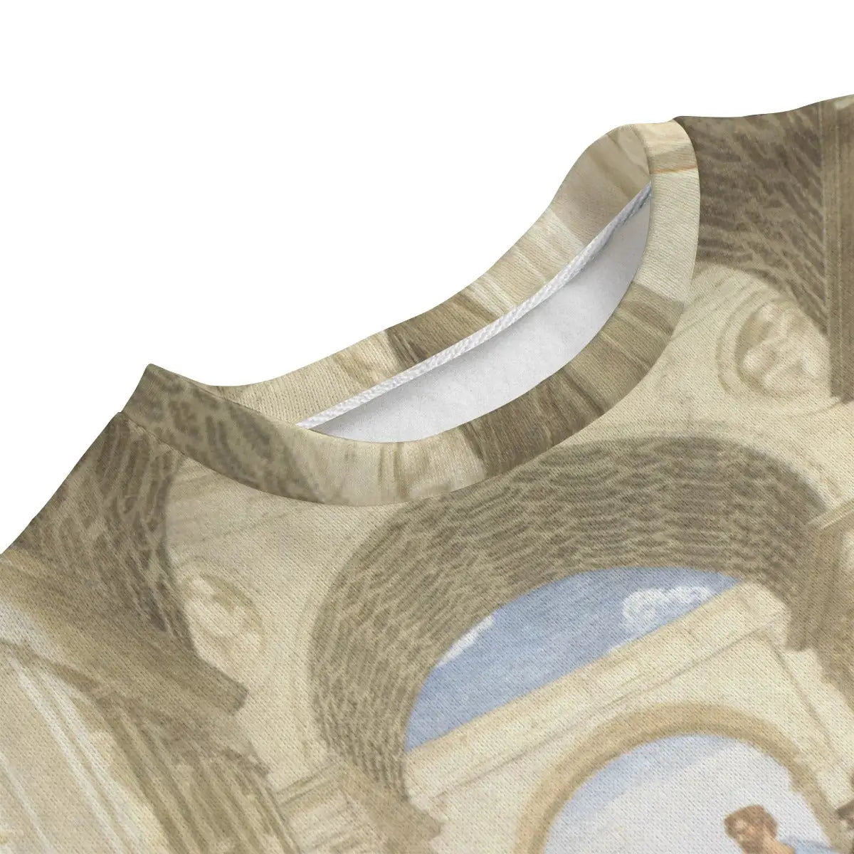 Detailed view of The School of Athens sweater print showing vibrant colors and sharp details