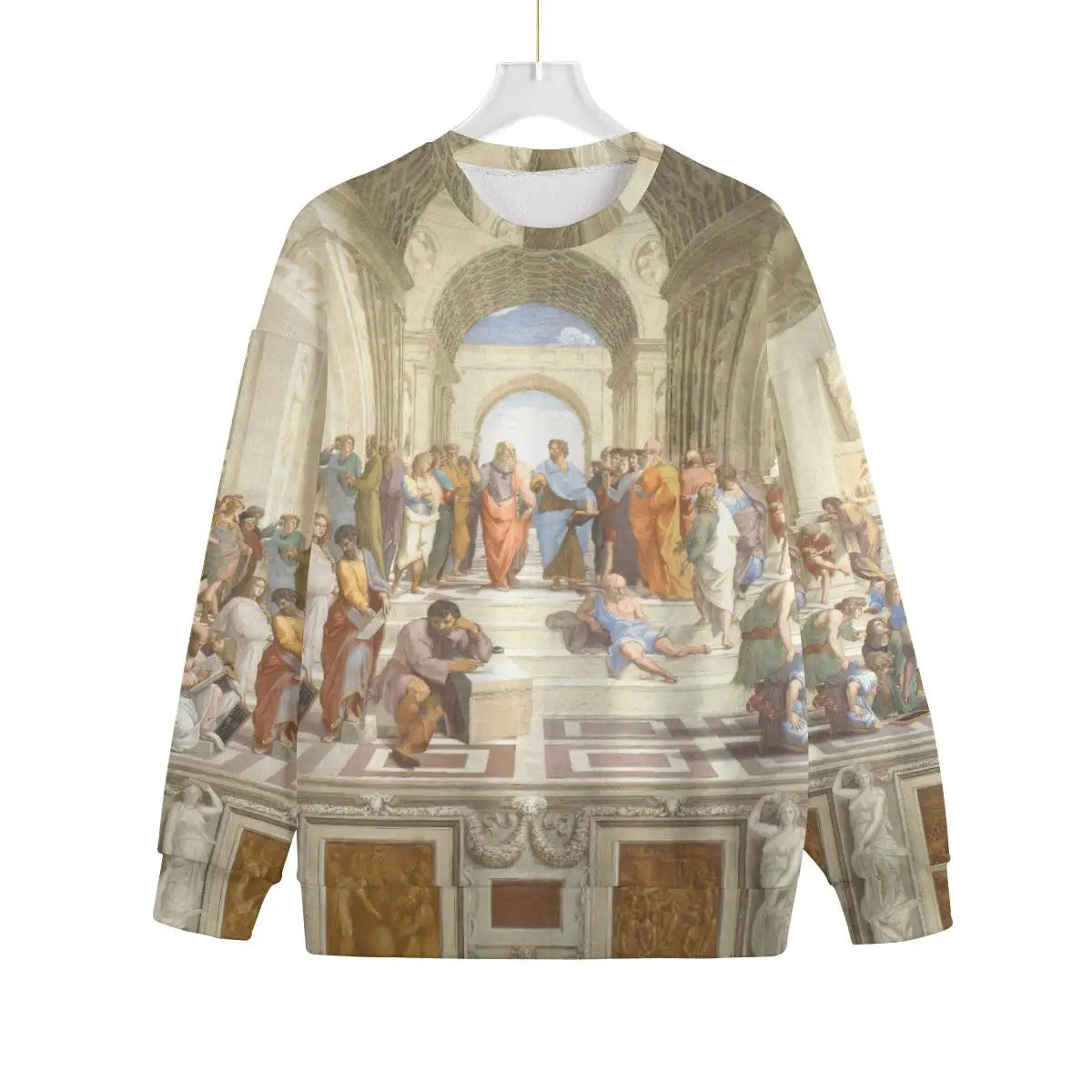 Front view of School of Athens artistic sweater showing Plato and Aristotle central figures