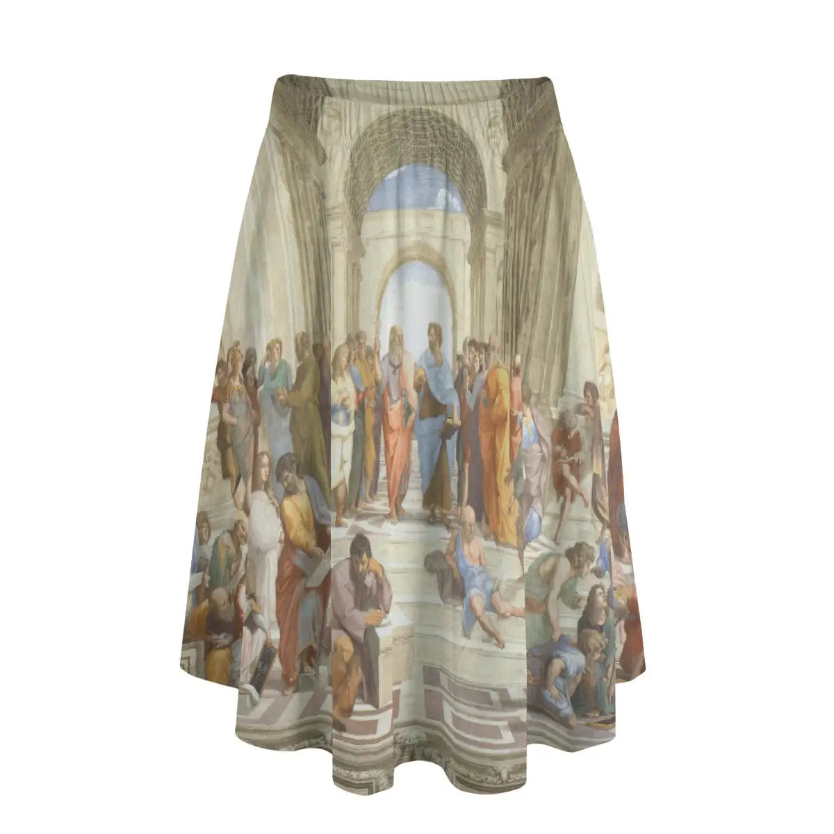Woman wearing Raphael's School of Athens long maxi skirt showing the classical philosophers gathering against simple ivory top