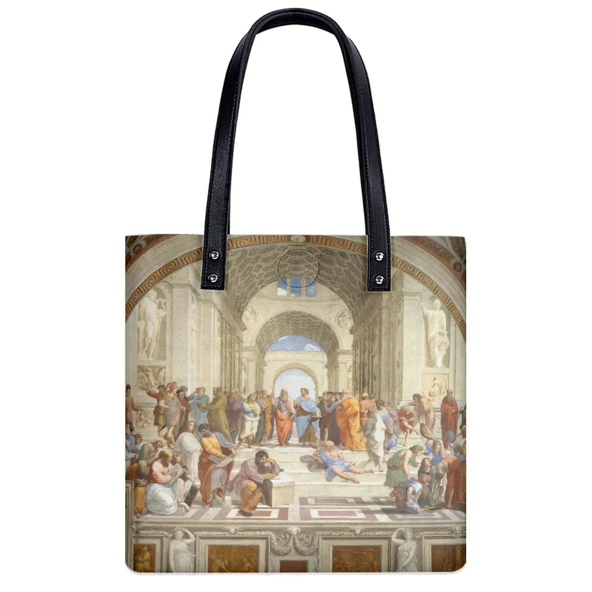 Waterproof PU material and black zipper detail of The School of Athens art shoulder bag