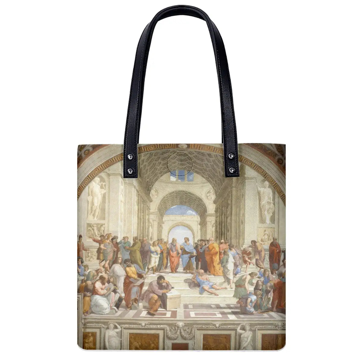 The School of Athens shoulder bag featuring Raphael's Renaissance masterpiece, front view with black straps