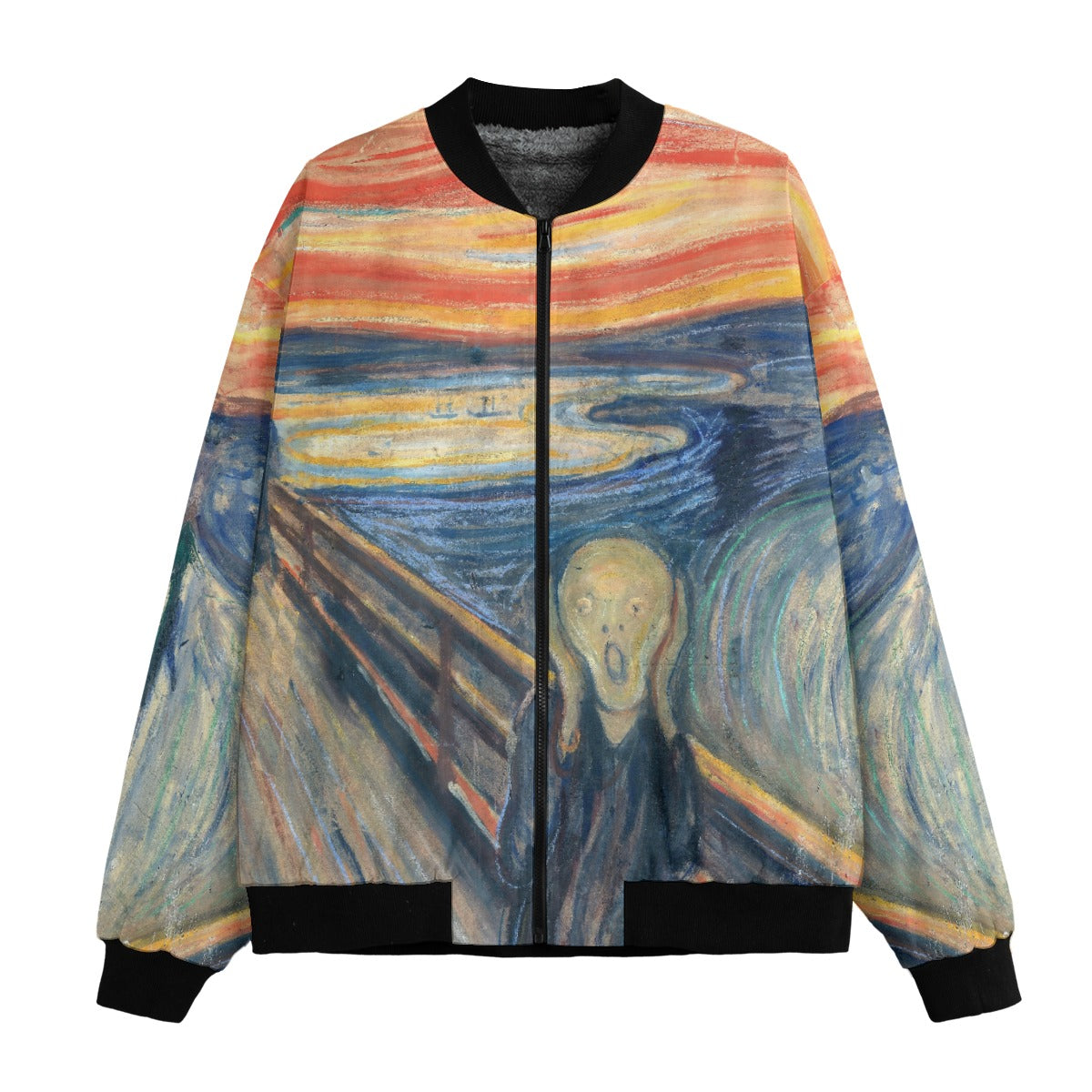 The Scream by Edvard Munch Bomber Jacket front view showing complete artwork print