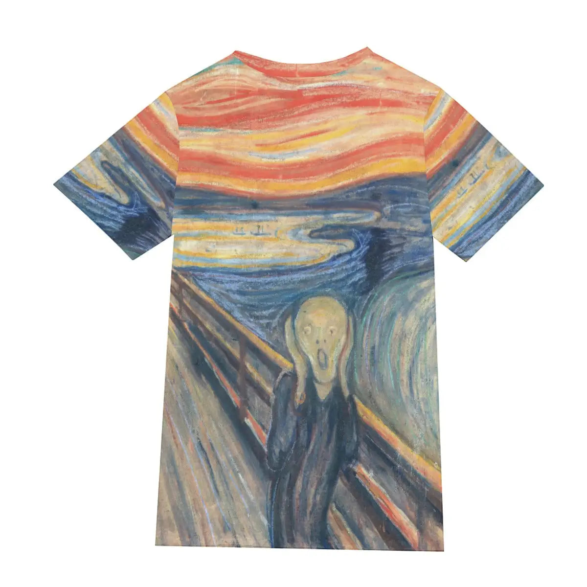 Back view of 190GSM cotton T-shirt showing the continuation of Munch's swirling landscape and dramatic sky, demonstrating the seamless 360-degree print quality that captures the full emotional impact of the 1893 Norwegian artwork
