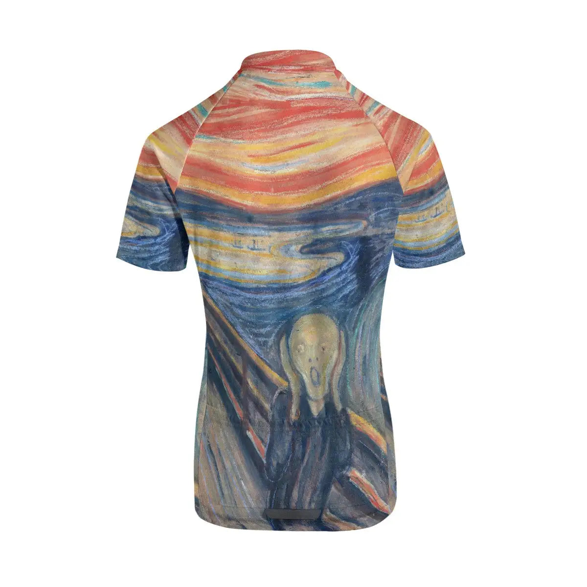 Back view showing the three functional storage pockets on The Scream women's cycling jersey