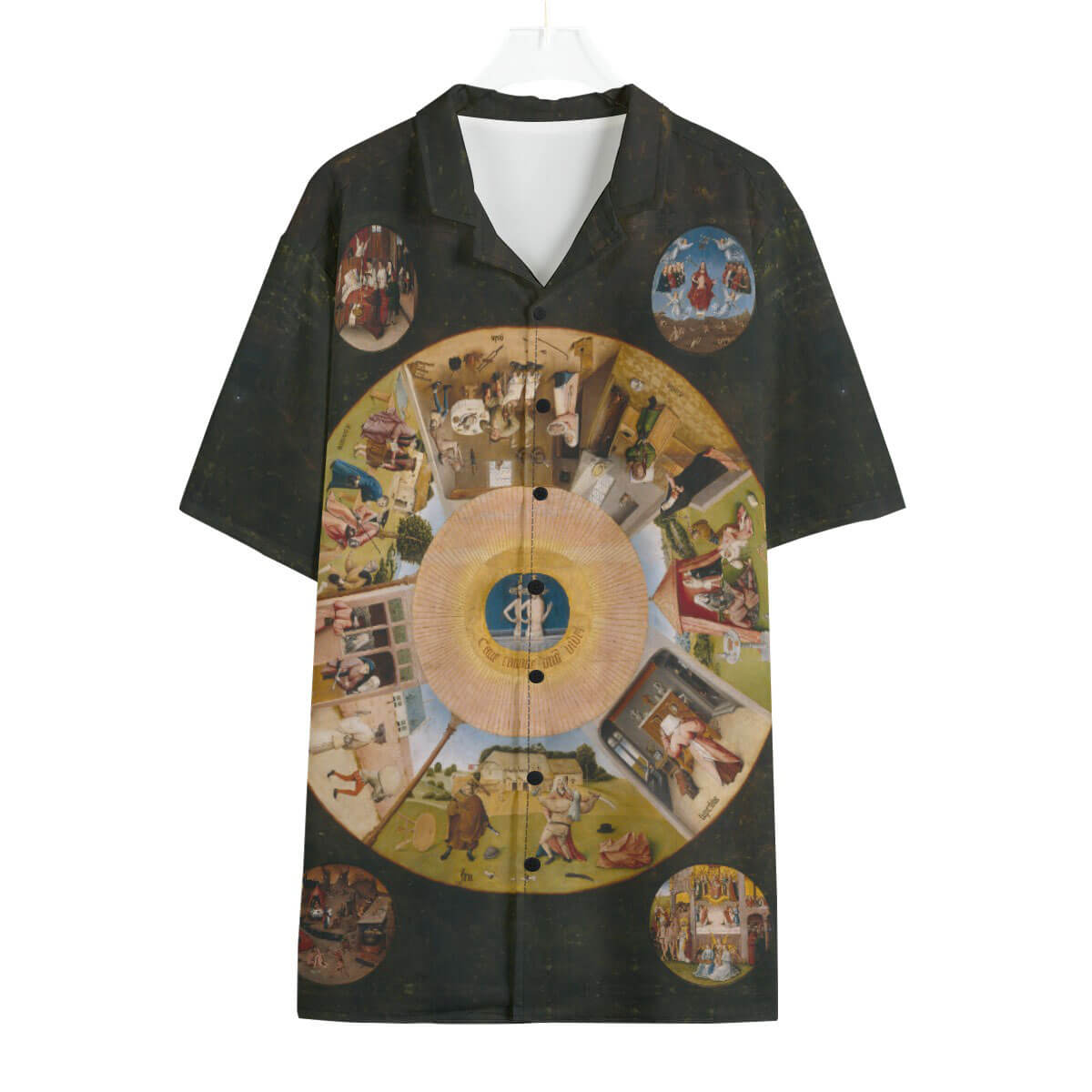 Hieronymus Bosch's Seven Deadly Sins on vibrant Hawaiian shirt