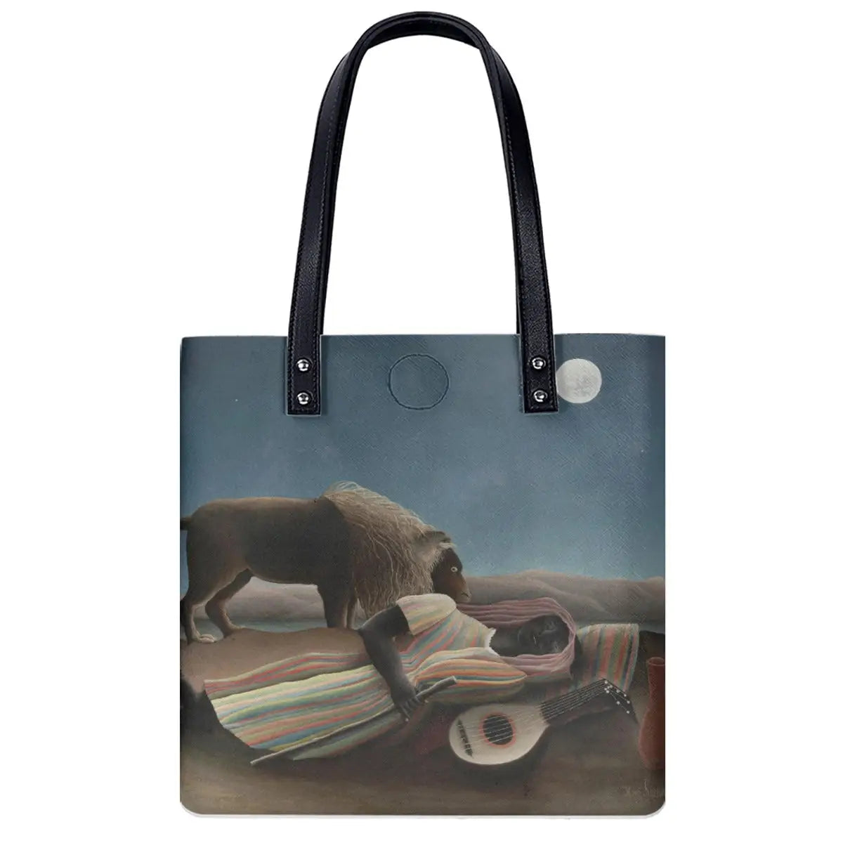 The Sleeping Gypsy shoulder bag by Henri Rousseau featuring desert moonlight scene with lion and sleeping figure