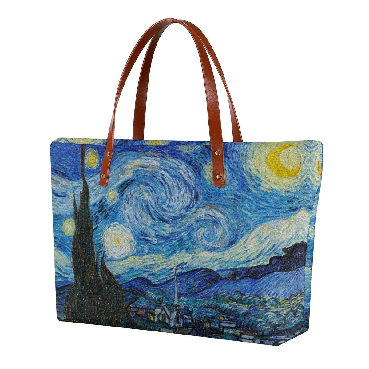 Van Gogh Starry Night Tote Bag with brown straps against white background