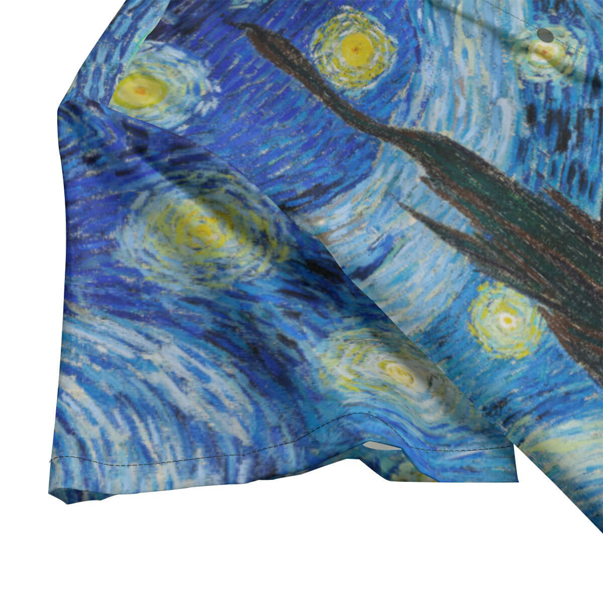 Man wearing Starry Night Hawaiian shirt at art gallery opening