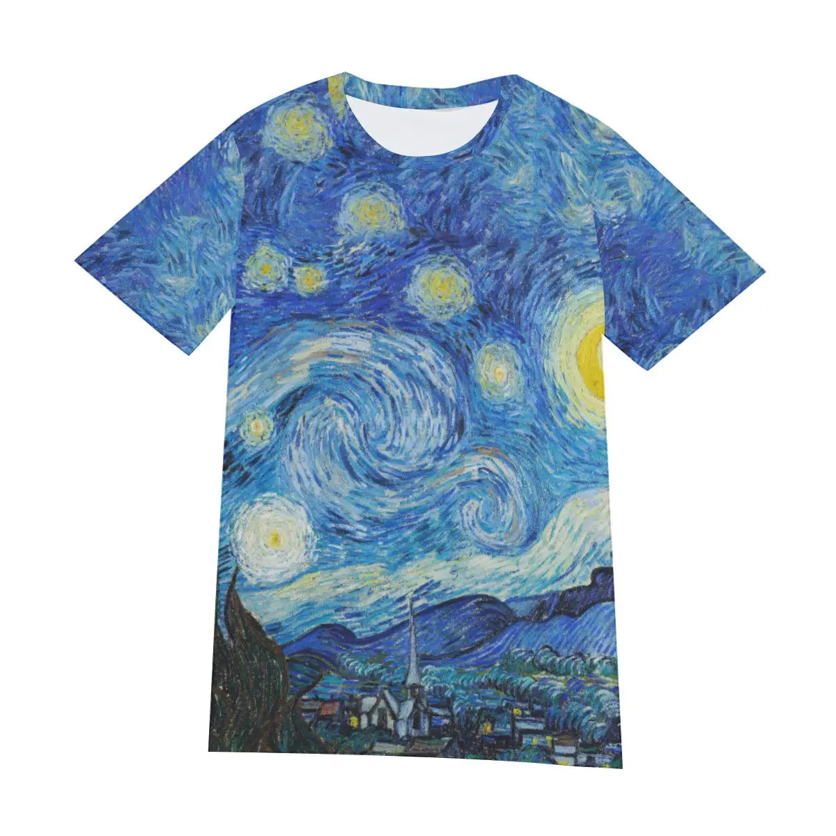 Front view of unisex Post-Impressionist art T-shirt displaying the complete composition of The Starry Night, with its perfect balance of cosmic turbulence above and peaceful village below, creating a transcendent visual statement about inner emotion and outer reality