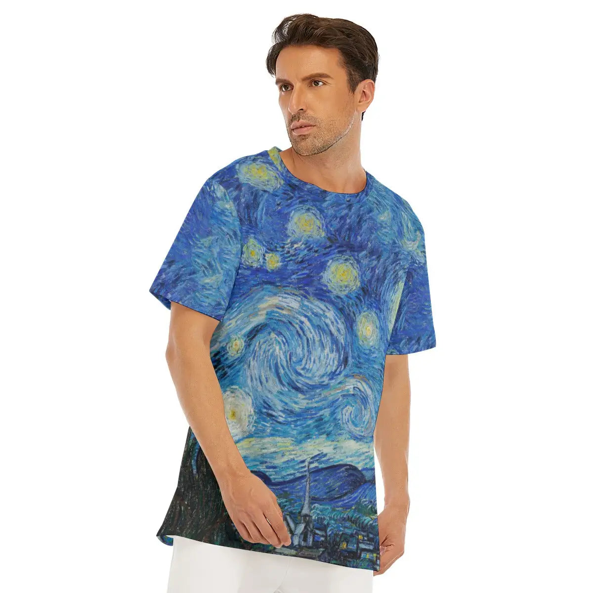 Vincent van Gogh T-shirt laid flat, displaying the entire Post-Impressionist masterpiece, premium craftsmanship, and natural texture of the 100% cotton fabric that enhances the cosmic quality of the reproduced painting