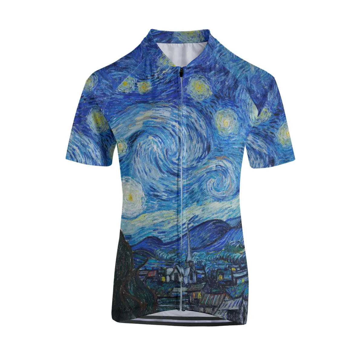 Woman cyclist wearing The Starry Night jersey against twilight sky on mountain path