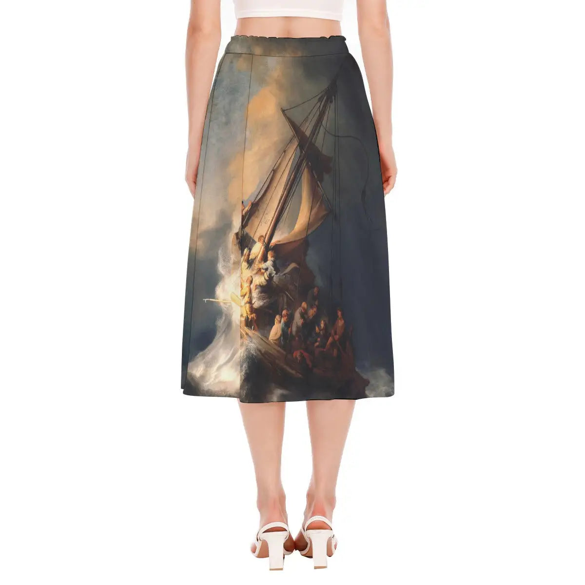 Back view of Rembrandt Skirt displaying continuous wrap-around pattern that captures the full dramatic seascape scene