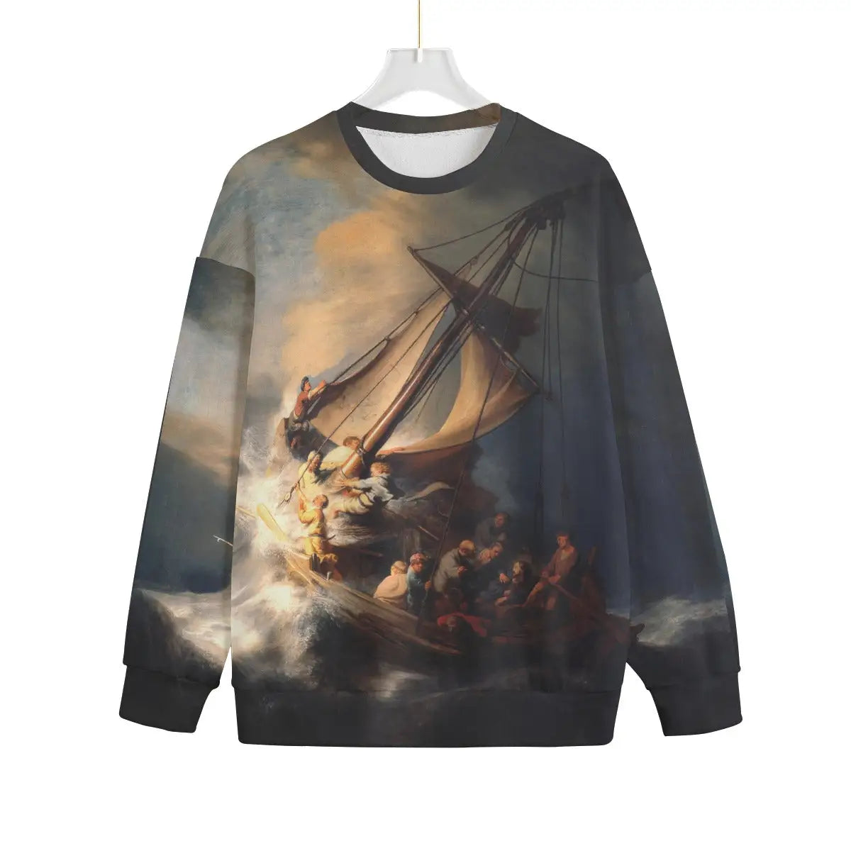 Storm on Sea of Galilee Sweater front view displaying Jesus calming the storm scene in vibrant colors