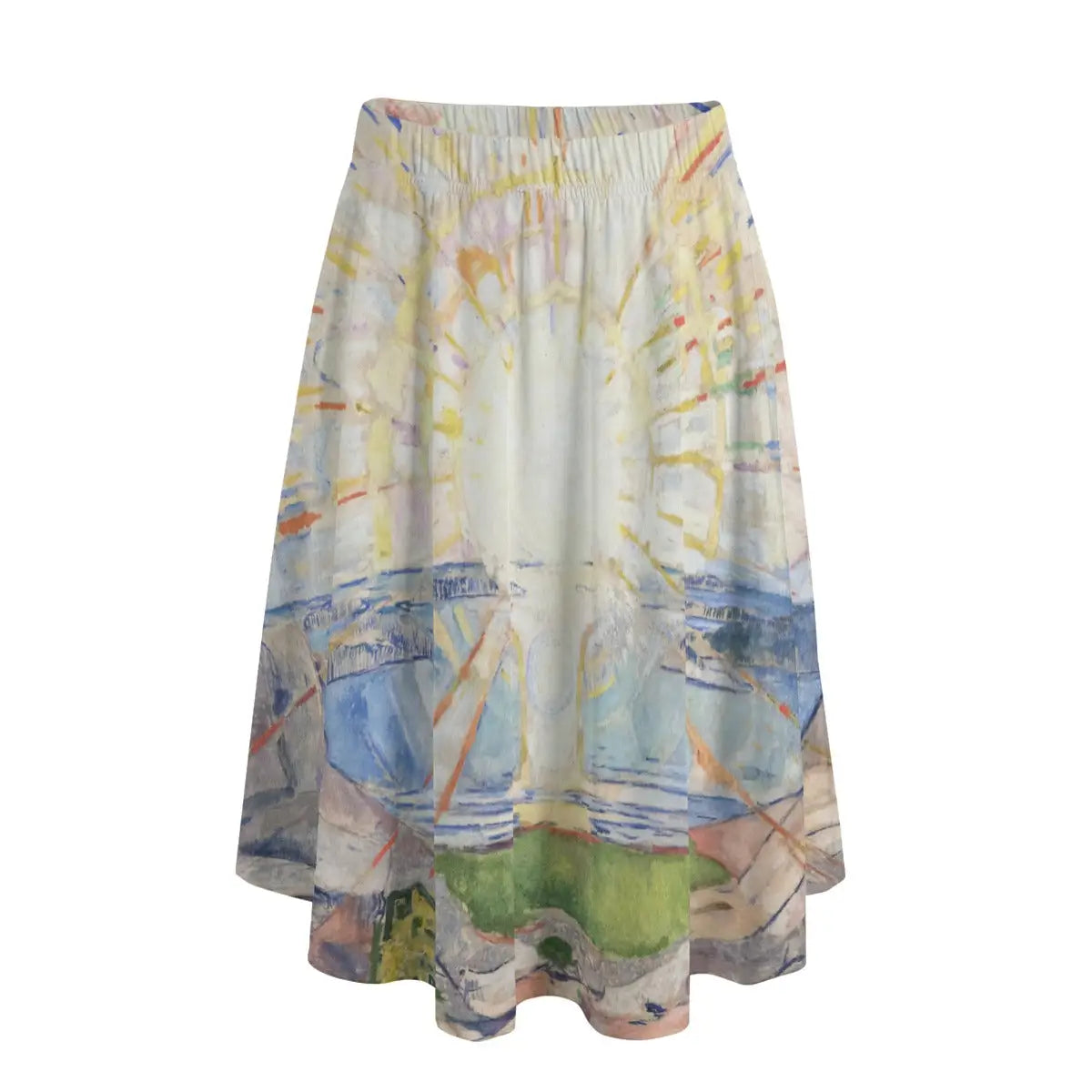 Woman wearing Edvard Munch's The Sun long maxi skirt showing vibrant radiating colors against simple black top