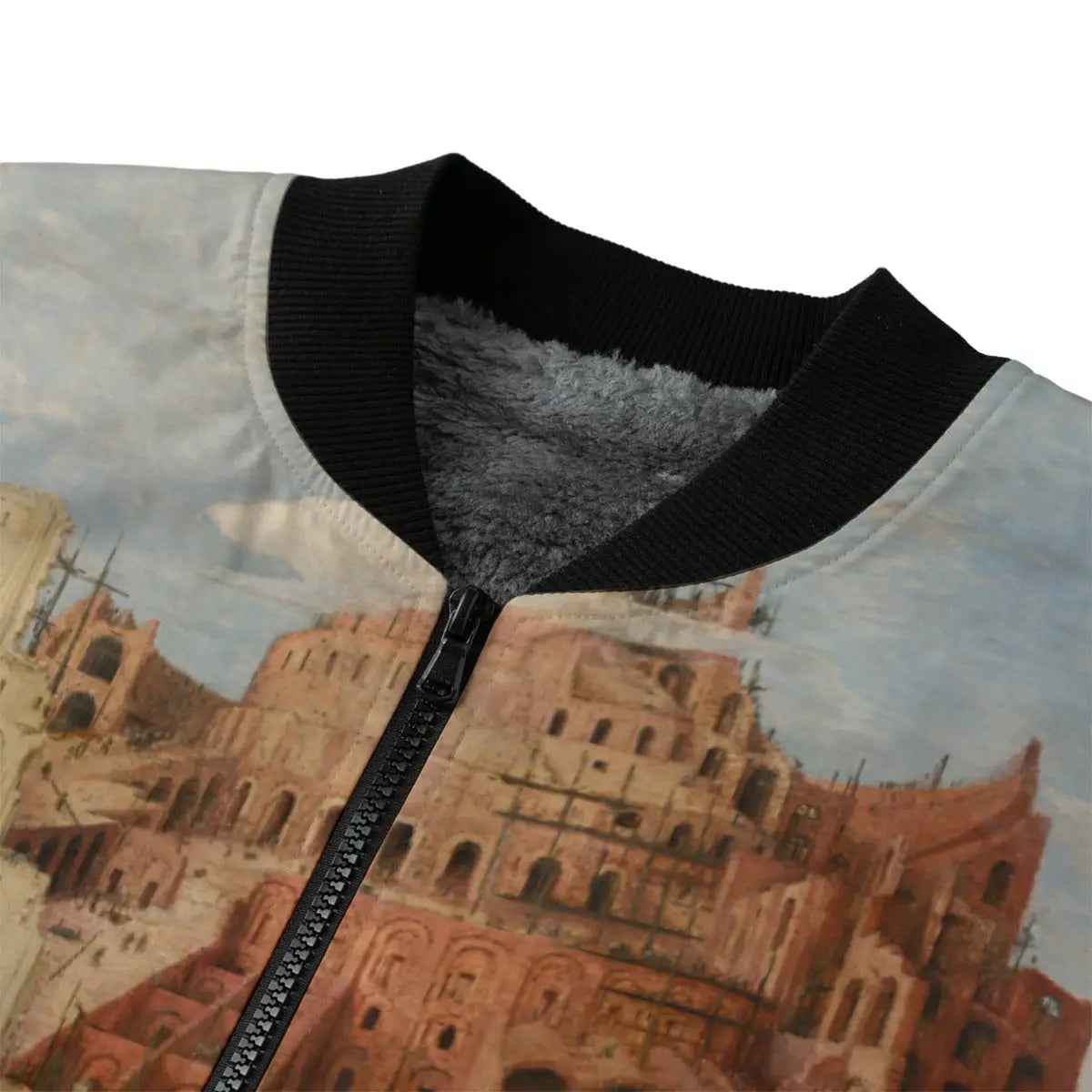 Renaissance art bomber jacket side view showing Tower of Babel print quality