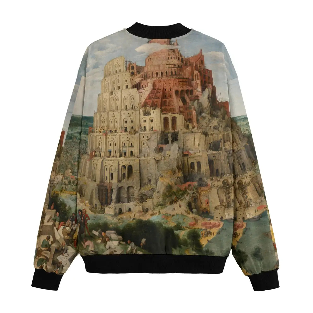 The Tower of Babel art bomber jacket back view showing complete Bruegel painting print