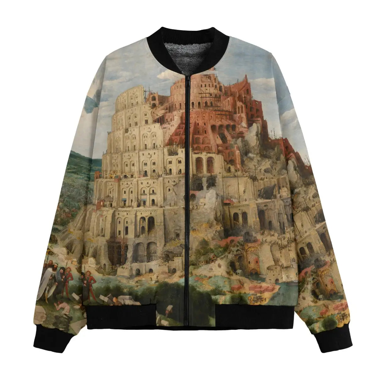 The Tower of Babel by Pieter Bruegel bomber jacket front view Renaissance art collection