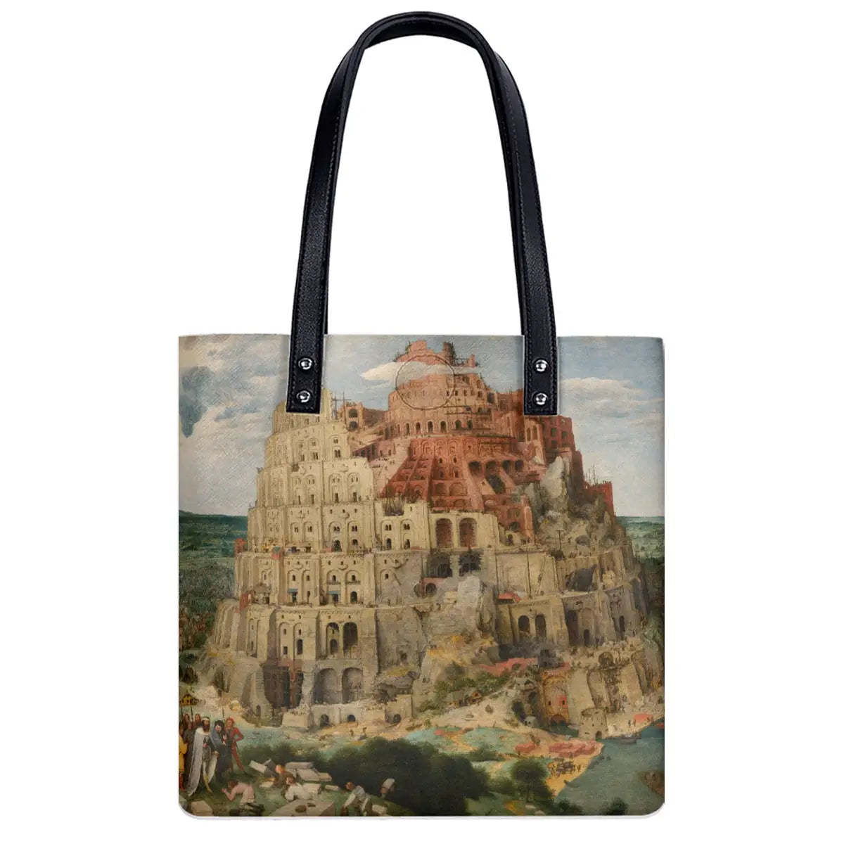 Close-up of Tower of Babel painting detail on black waterproof shoulder bag showing architectural elements