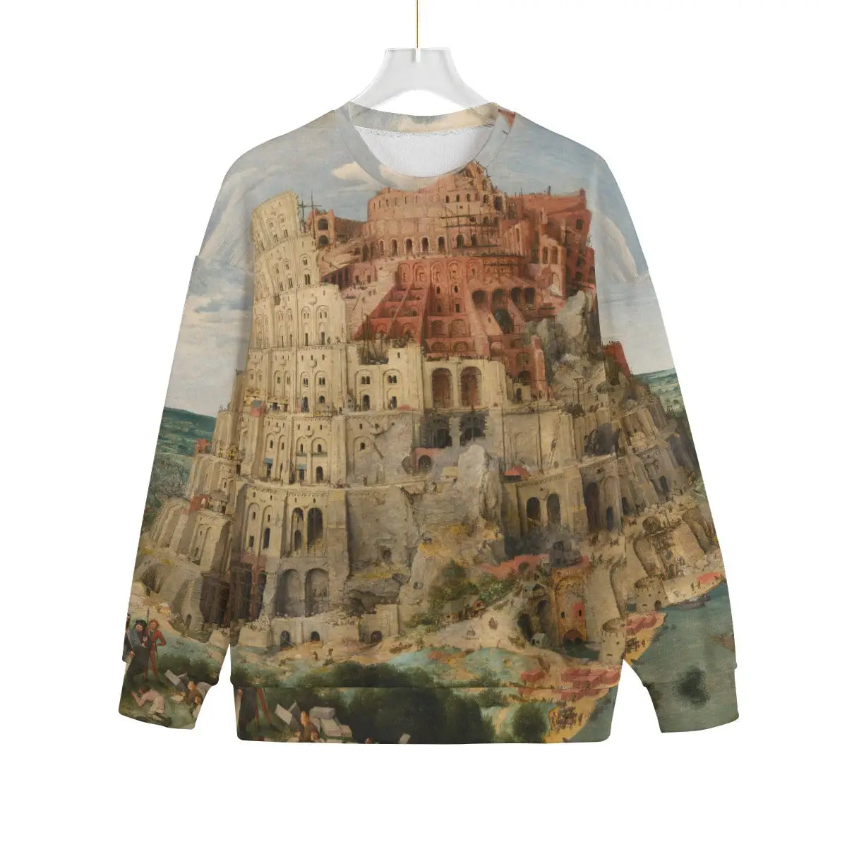 Tower of Babel art sweater showing complete medieval construction scene from Bruegel's masterpiece