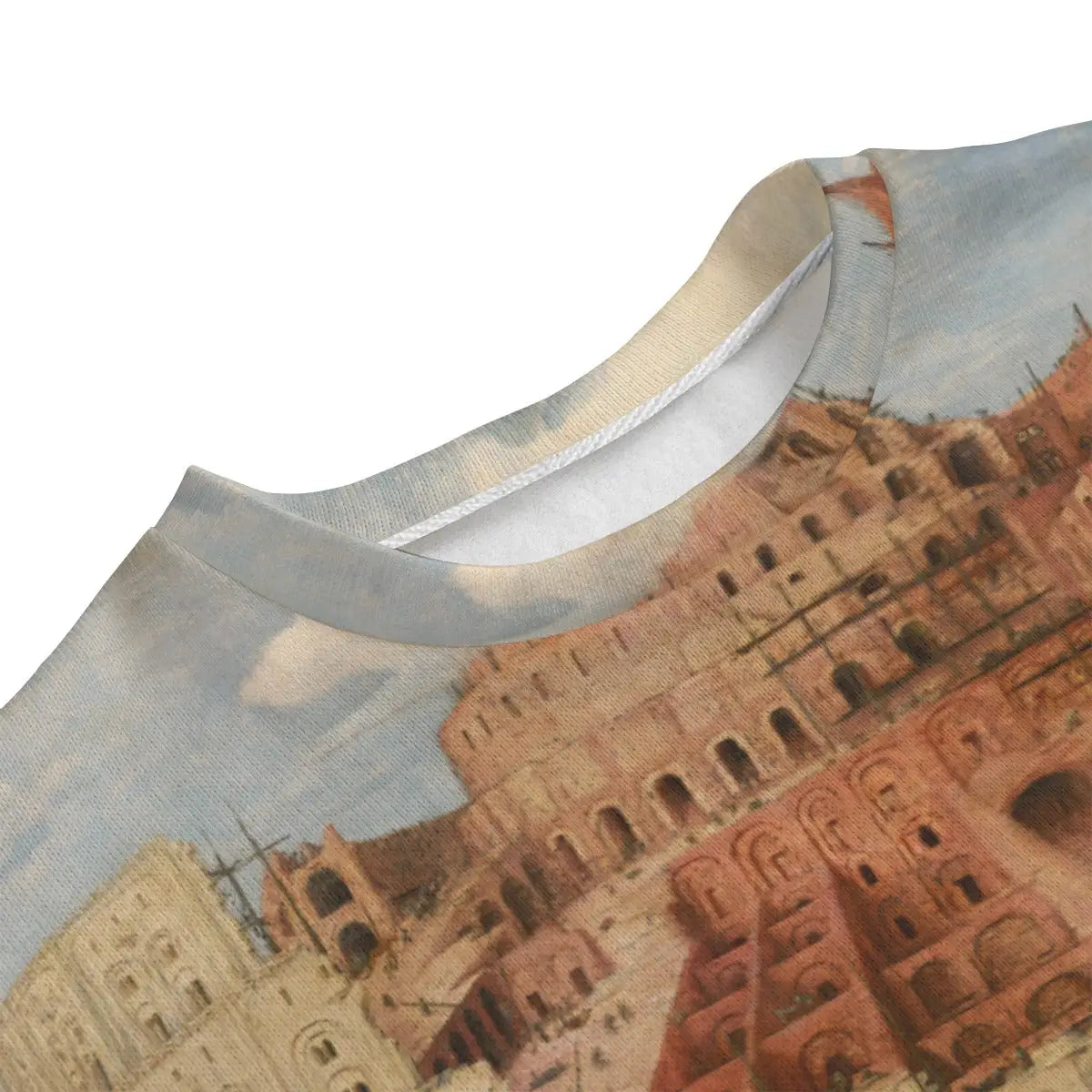 Rear view of Tower of Babel art sweater showing full painting continuation