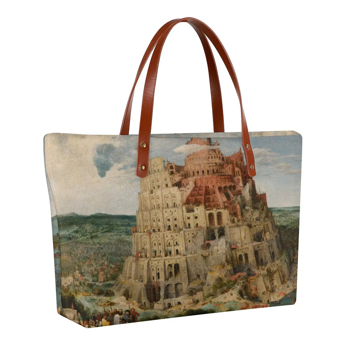 Tower of Babel tote bag showing waterproof diving cloth material