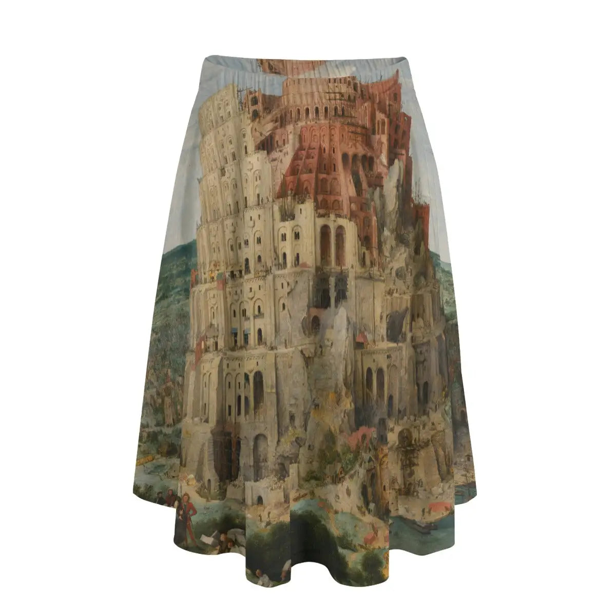 Woman wearing Pieter Bruegel's Tower of Babel long maxi skirt showing the spiraling architectural wonder against simple terra cotta top