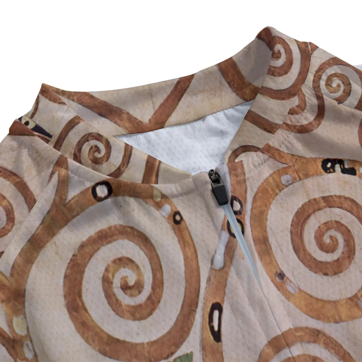 Close-up of secure non-slip rubber hem on art nouveau cycling jersey maintaining position during spiraling ride