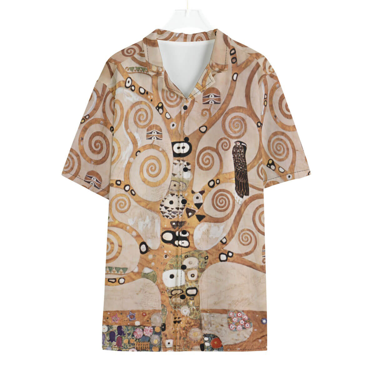 Gustav Klimt's Tree of Life from Stoclet Frieze on vibrant Hawaiian shirt