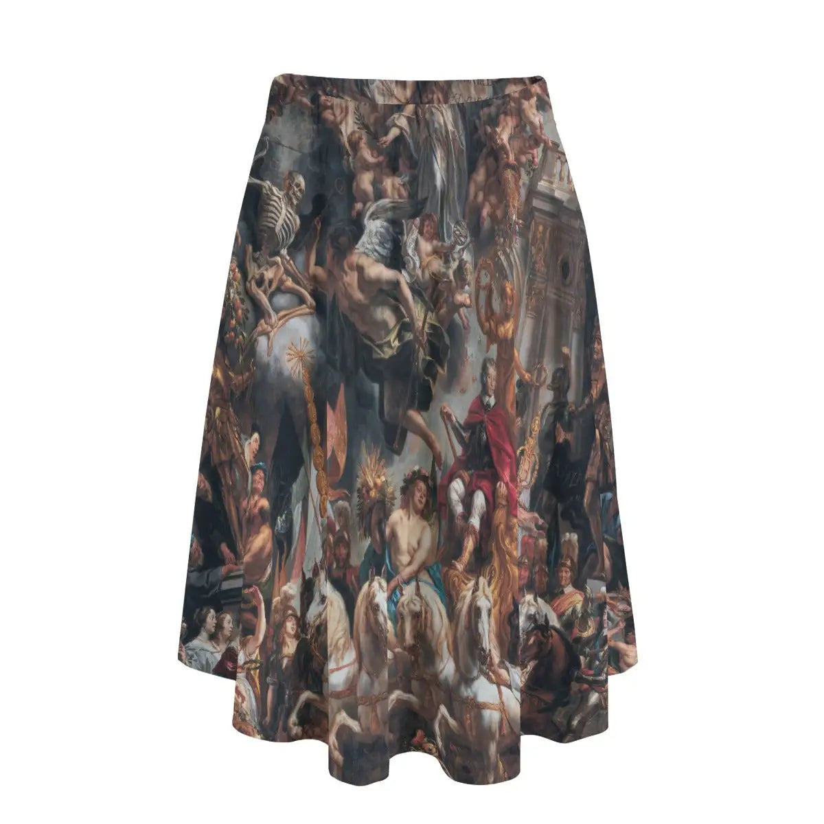 Woman wearing Jacob Jordaens' Triumph of Frederik Hendrik long maxi skirt showing the majestic baroque scene against simple royal blue blouse