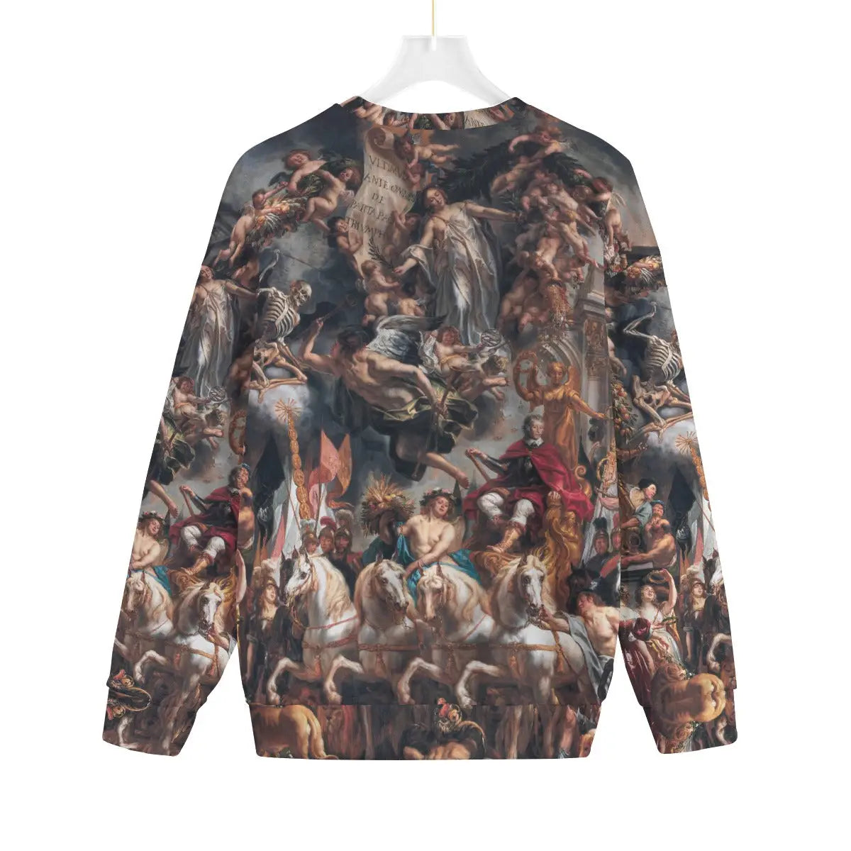 Full back view of The Triumph of Frederik Hendrik sweater showing complete Baroque artwork