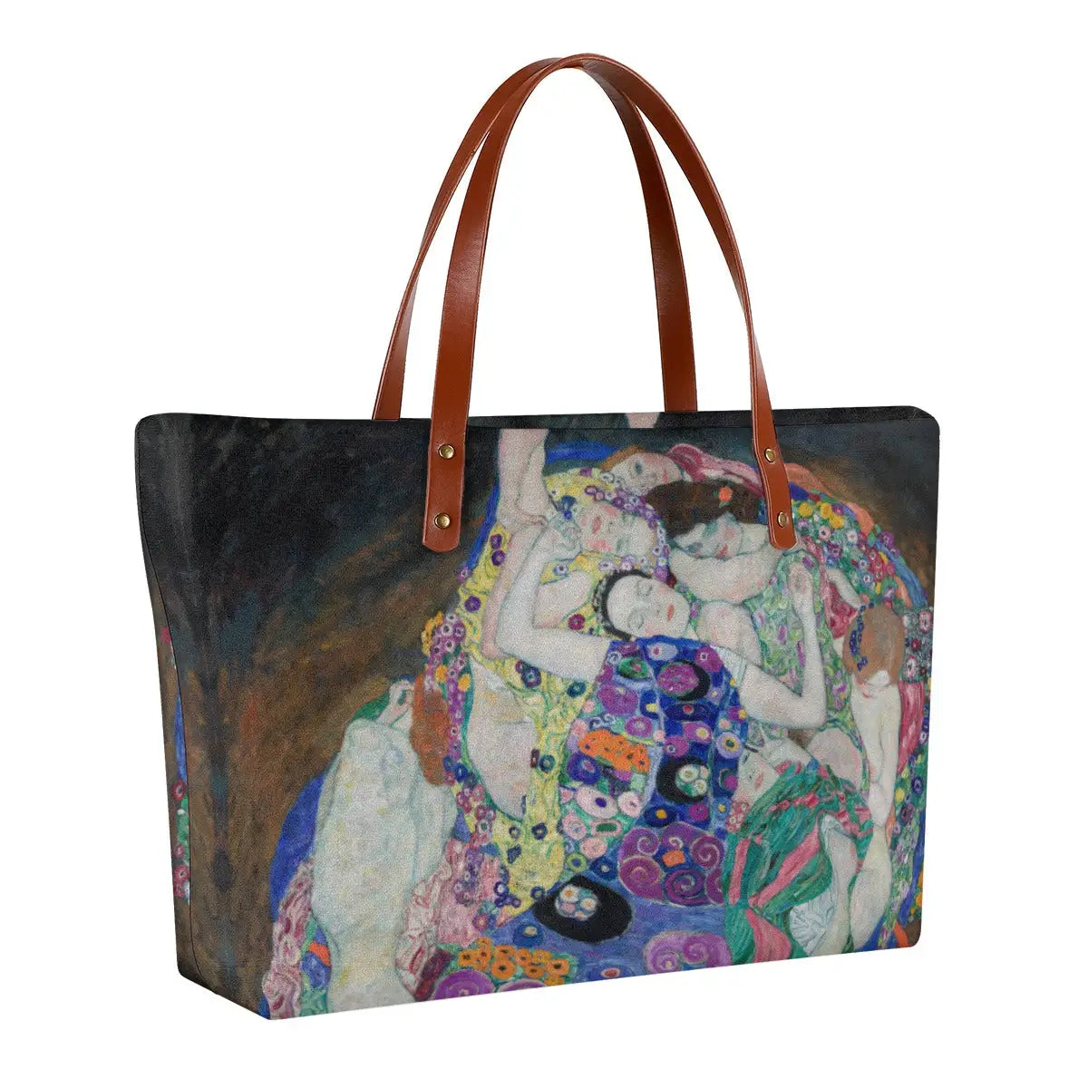 Side view of The Virgin by Gustav Klimt waterproof tote bag showing bag depth and black zipper