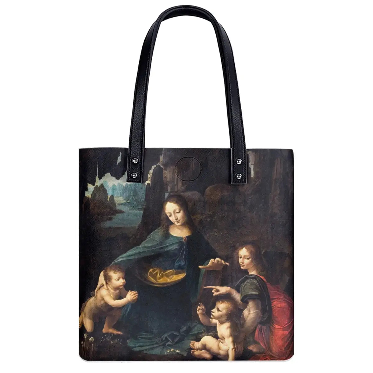 Double-sided art print shoulder bag featuring Da Vinci's Virgin of the Rocks painting