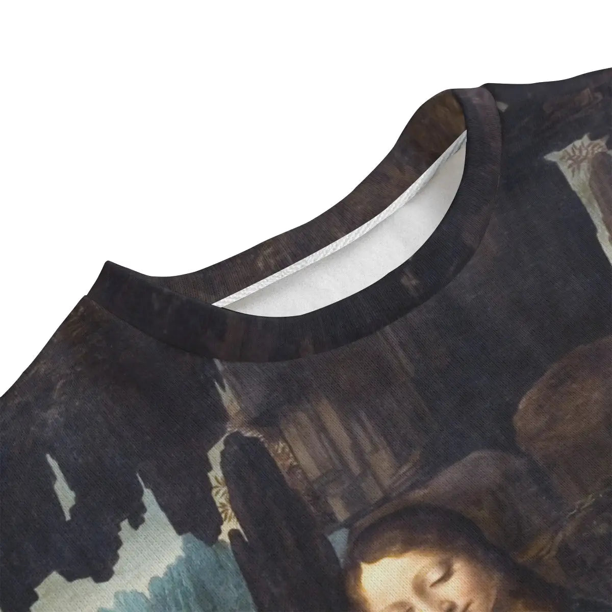 Close-up detail of Virgin Mary and Jesus from The Virgin of the Rocks art print on sweater