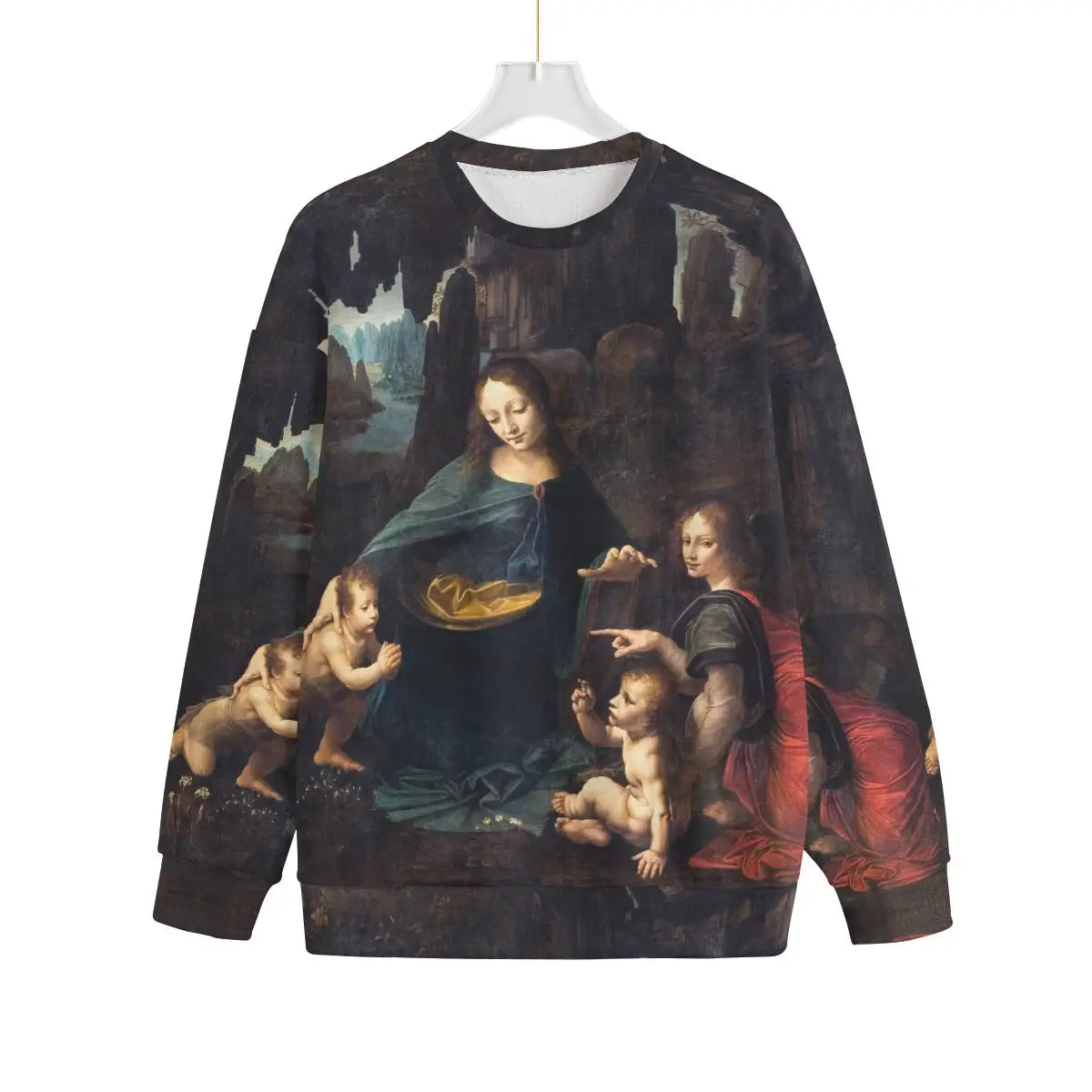 Front view of The Virgin of the Rocks sweater showing complete da Vinci painting reproduction