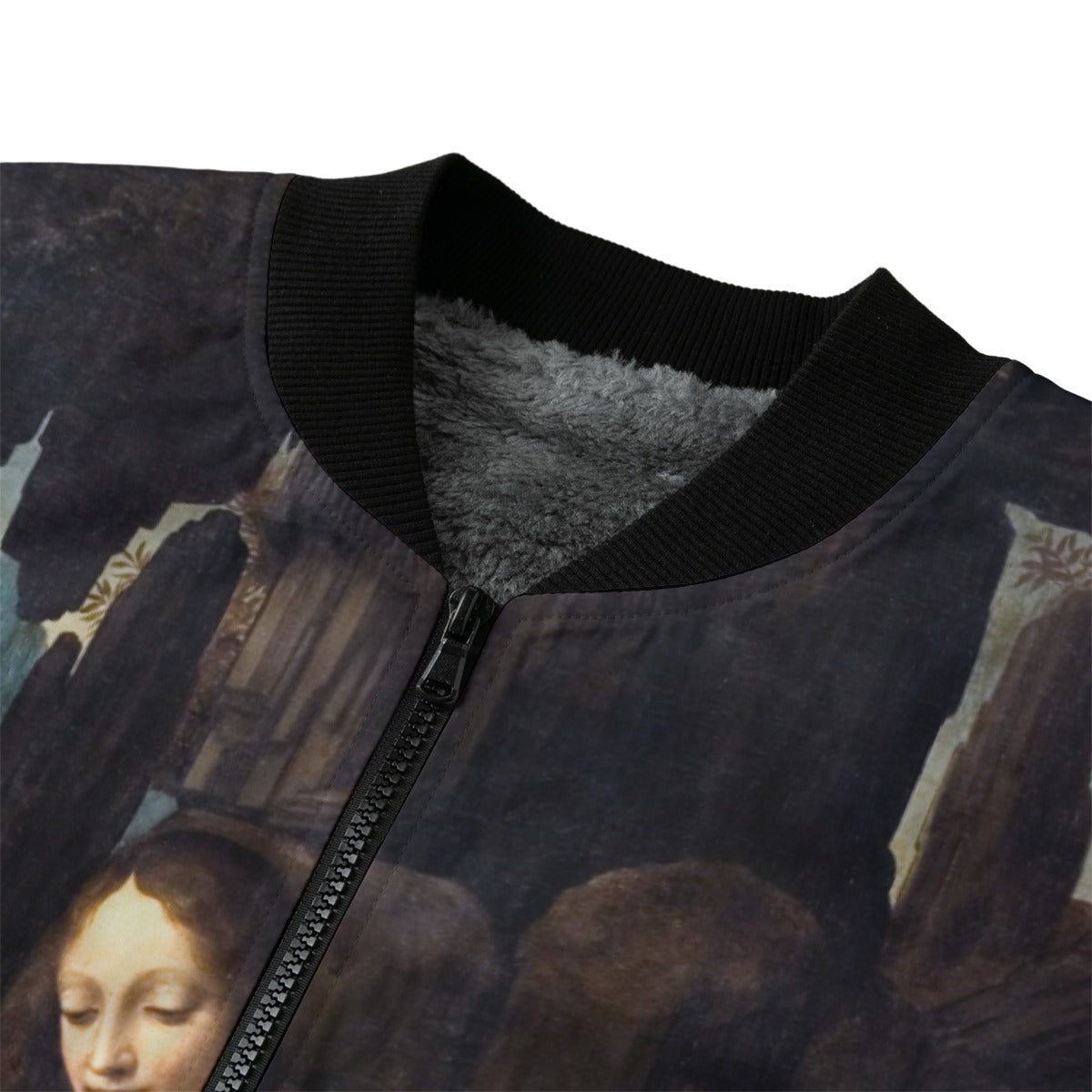 Eco-friendly art fashion: The Virgin of the Rocks jacket material close-up