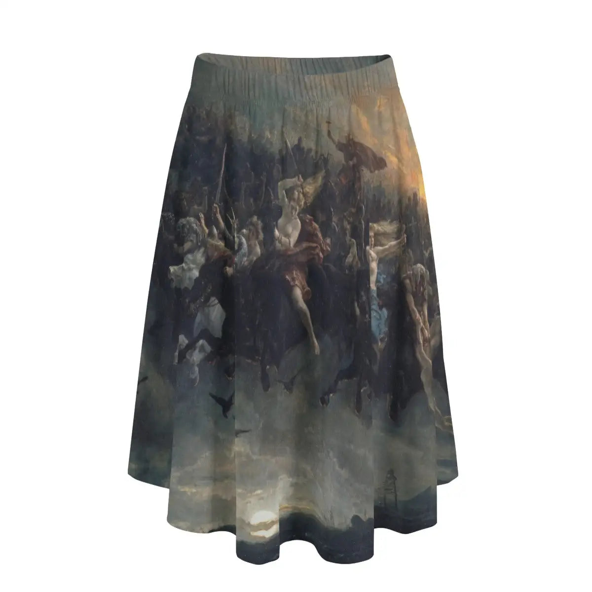 Woman wearing Peter Nicolai Arbo's Wild Hunt of Odin long maxi skirt showing dramatic storm riders against simple black top