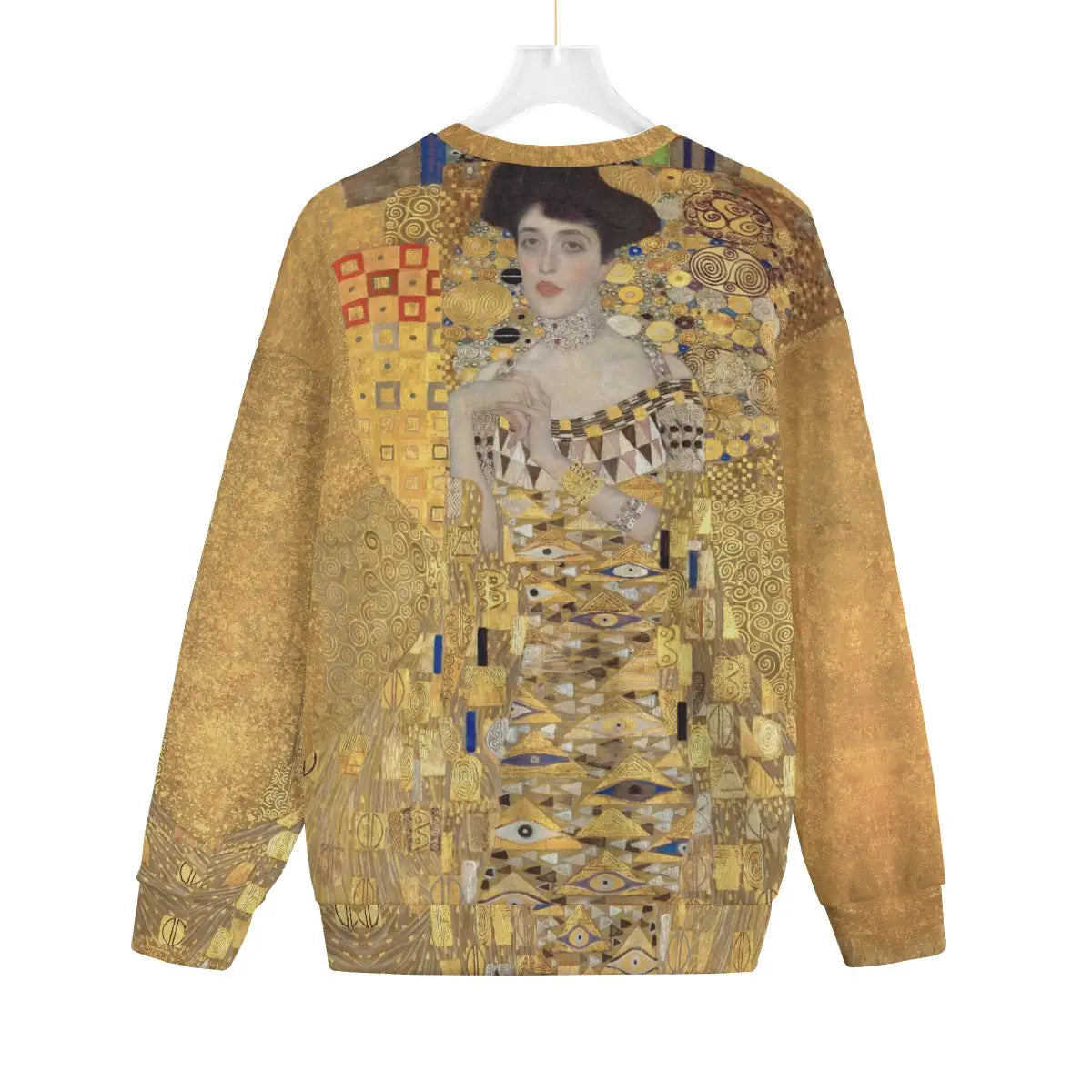 Back view of Woman in Gold sweater on eco-friendly Hacci Fleece