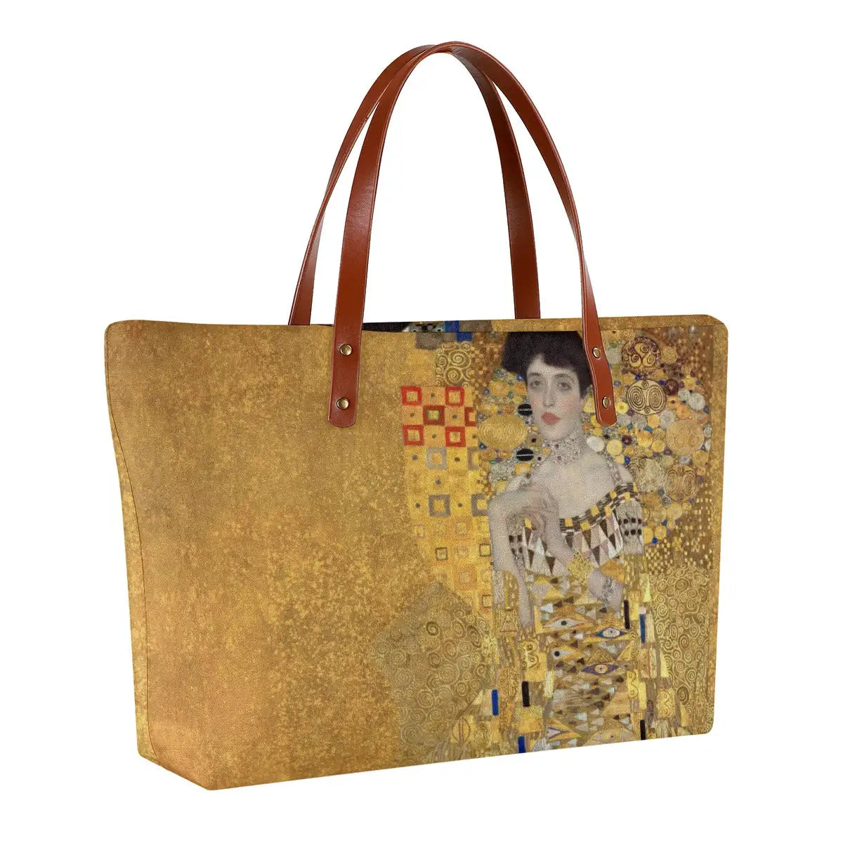 Close-up of Gustav Klimt's Woman in Gold portrait printing on tote bag