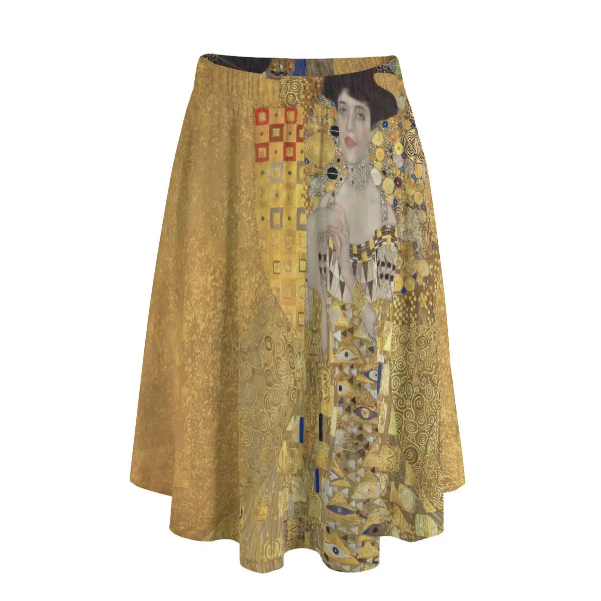 Woman wearing Gustav Klimt's Woman in Gold long maxi skirt showing opulent golden patterns against simple black top