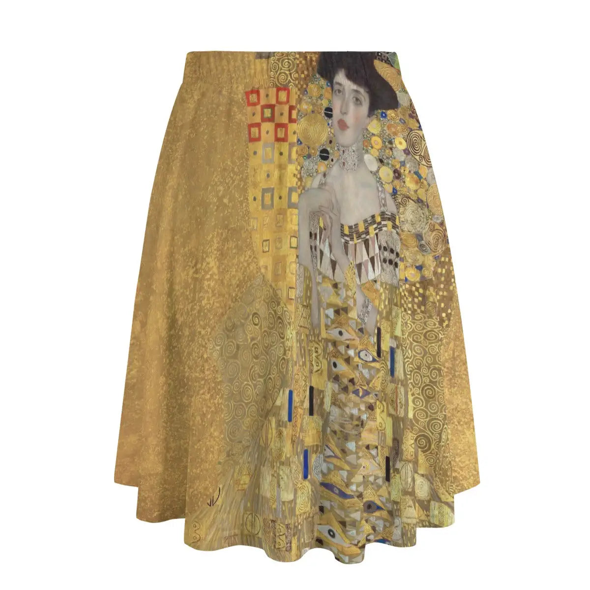 Side view of A-line art nouveau skirt showing elegant drape and shimmer of the fabric with Byzantine-inspired details