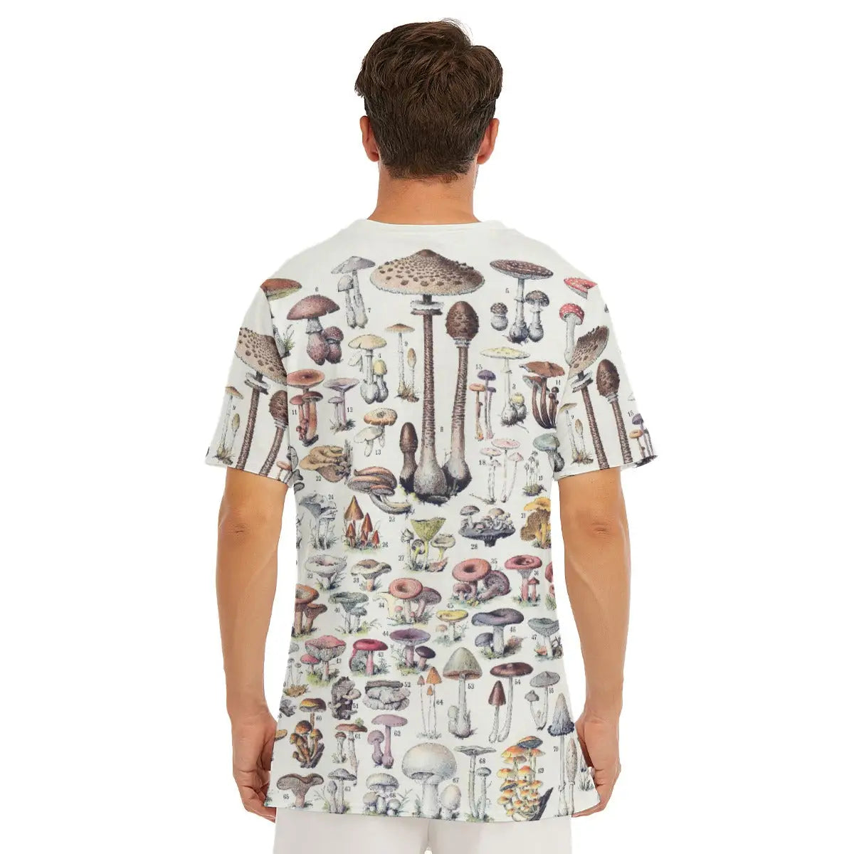 Cotton T-shirt featuring the Top Types Of Mushrooms educational guide, highlighting the classic round neckline and how the detailed scientific illustrations create a sophisticated botanical pattern across the garment.