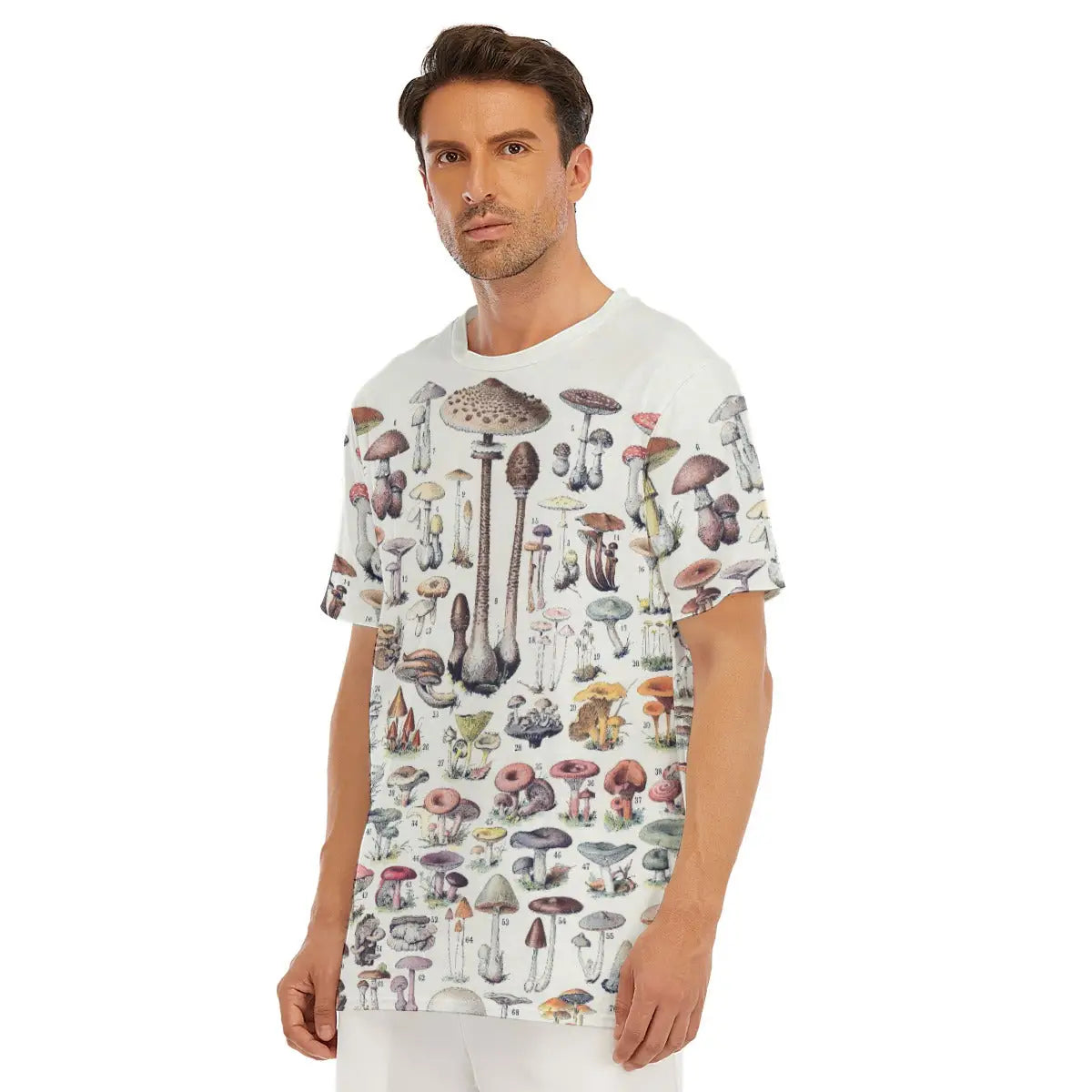 Close-up shot of the sleeve featuring detailed illustrations of gourmet mushroom varieties including Shiitake, Oyster, and Morel, showcasing the exceptional print quality that faithfully reproduces both scientific accuracy and artistic beauty on comfortable breathable material.