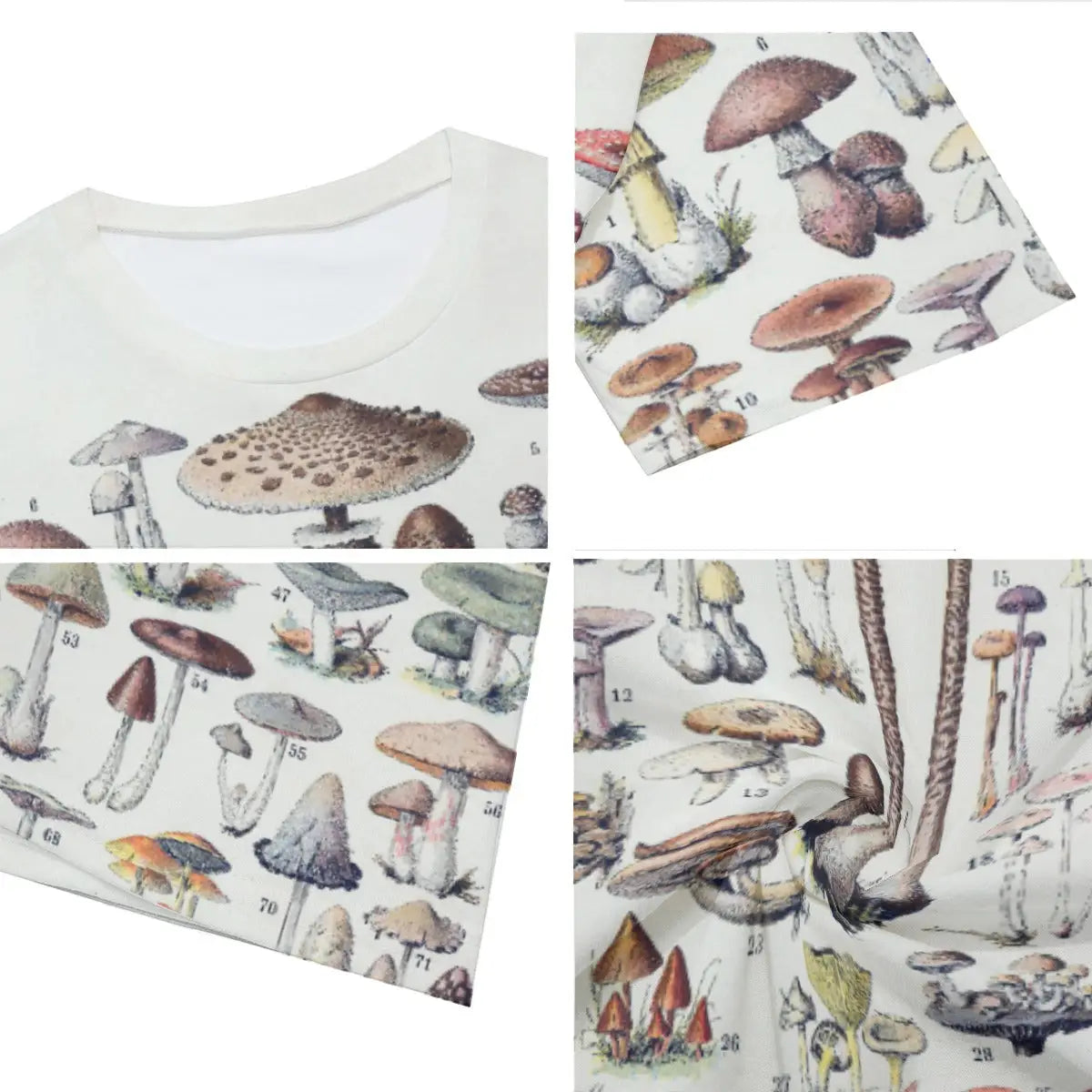 Close-up detail of high-quality printing on 100% cotton Mushroom T-shirt, showcasing the precise reproduction of various mushroom species with their scientific and common names, revealing the intricate gill structures, cap textures, and identifying features.