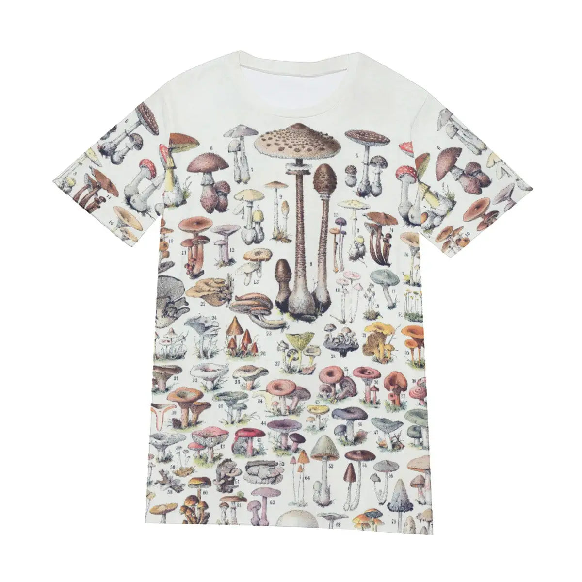 Front view of unisex mycological T-shirt displaying the complete field guide of mushroom varieties, with its educational arrangement by families and morphological similarities creating a visually rich reference for fungi enthusiasts.