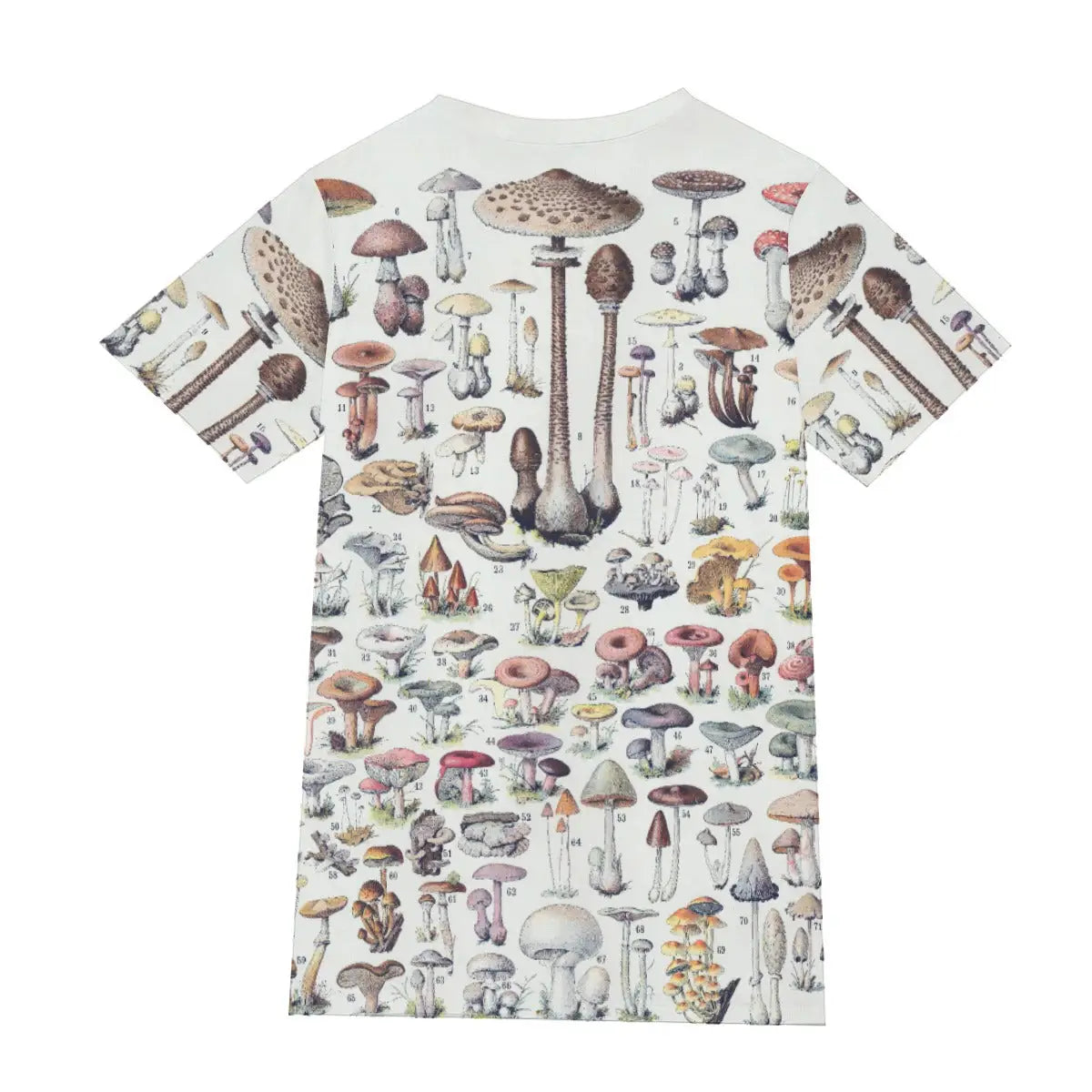 Back view of 190GSM cotton T-shirt showing the continuation of the diverse mushroom species collection, demonstrating the seamless 360-degree print quality that captures the full spectrum of fungi from edible delicacies to medicinal varieties and toxic specimens.