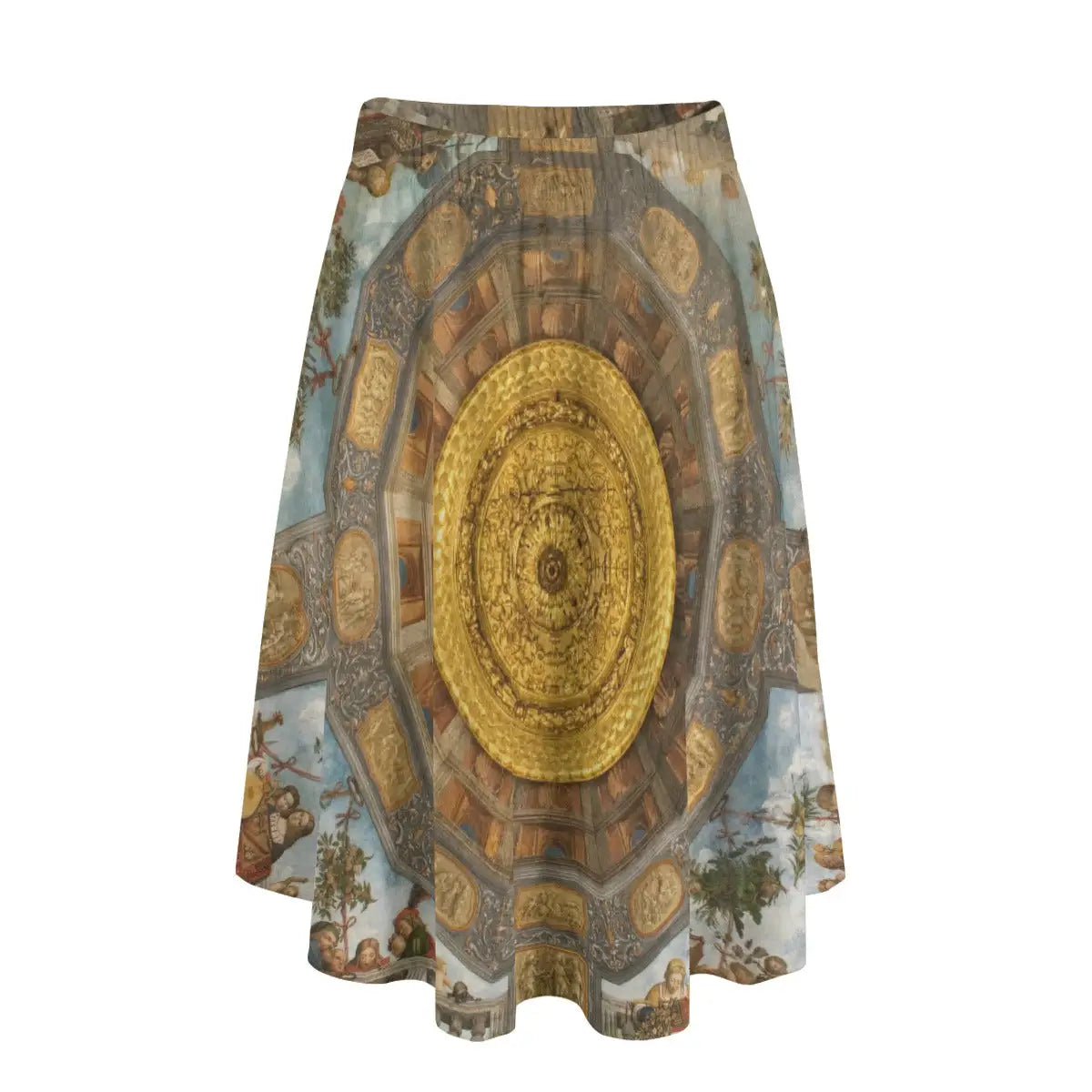 Woman wearing Benvenuto Tisi's Treasure Room Fresco long maxi skirt showing the allegorical ceiling scene against simple gold top