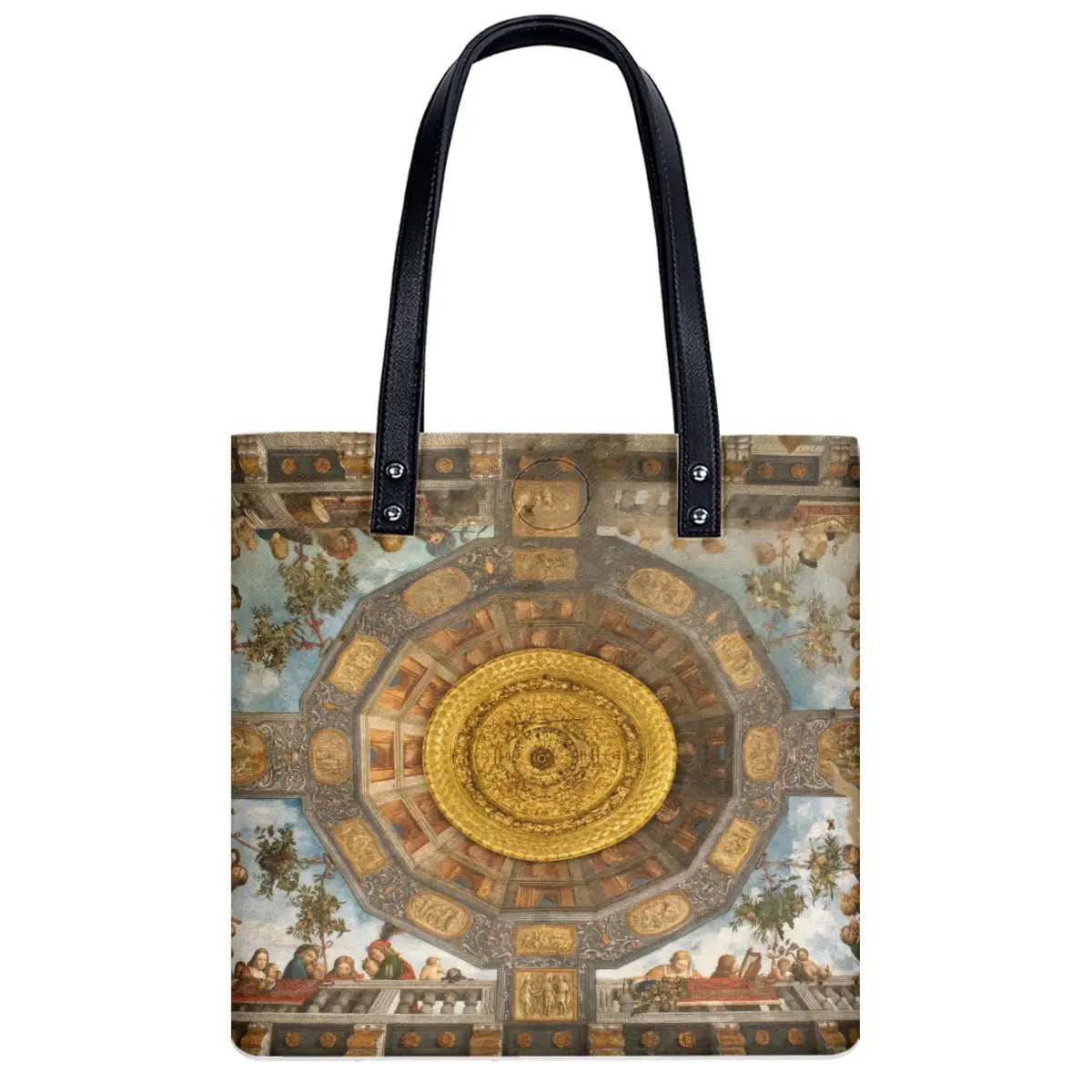 Back view of art shoulder bag displaying Treasure Room Fresco with black straps and zipper