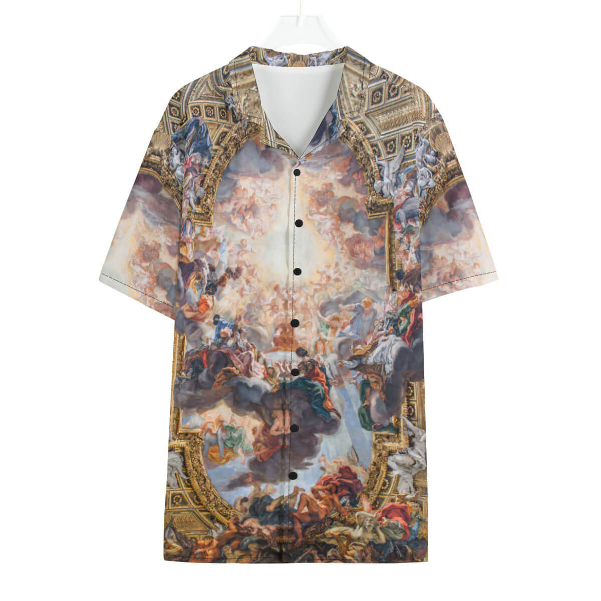 Giovanni Battista Gaulli's Triumph of Jesus fresco on vibrant Hawaiian shirt