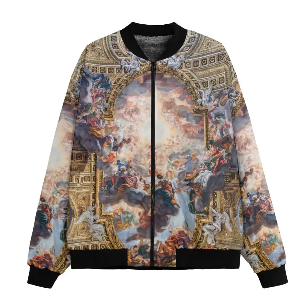 Triumph of the Name of Jesus by Giovanni Battista Gaulli Bomber Jacket front view showing baroque ceiling fresco